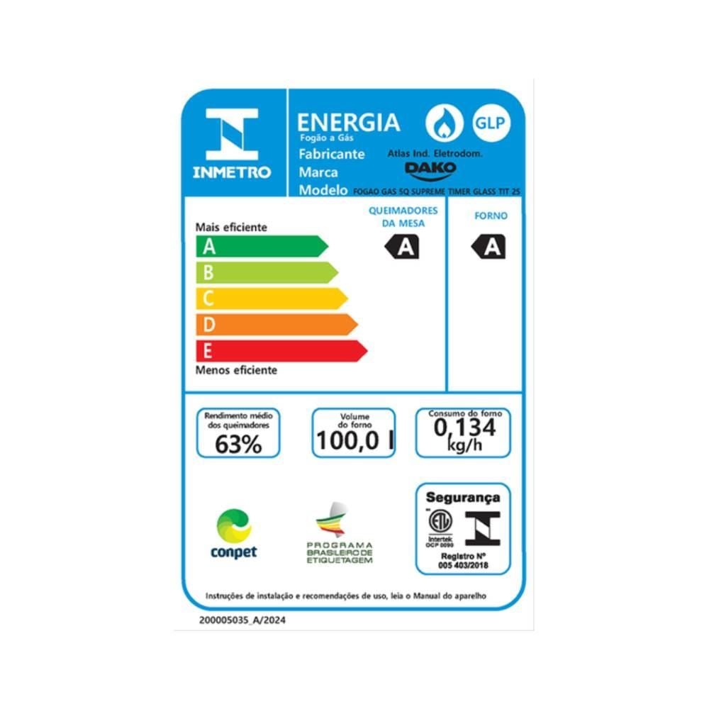 Fogão De Piso 5 Bocas Titanium Supreme Timer Glass Dako - Bivolt