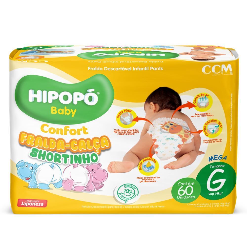 Fraldas Descartáveis Calça Shortinho G Confort Hipopó Baby - 60 unidades