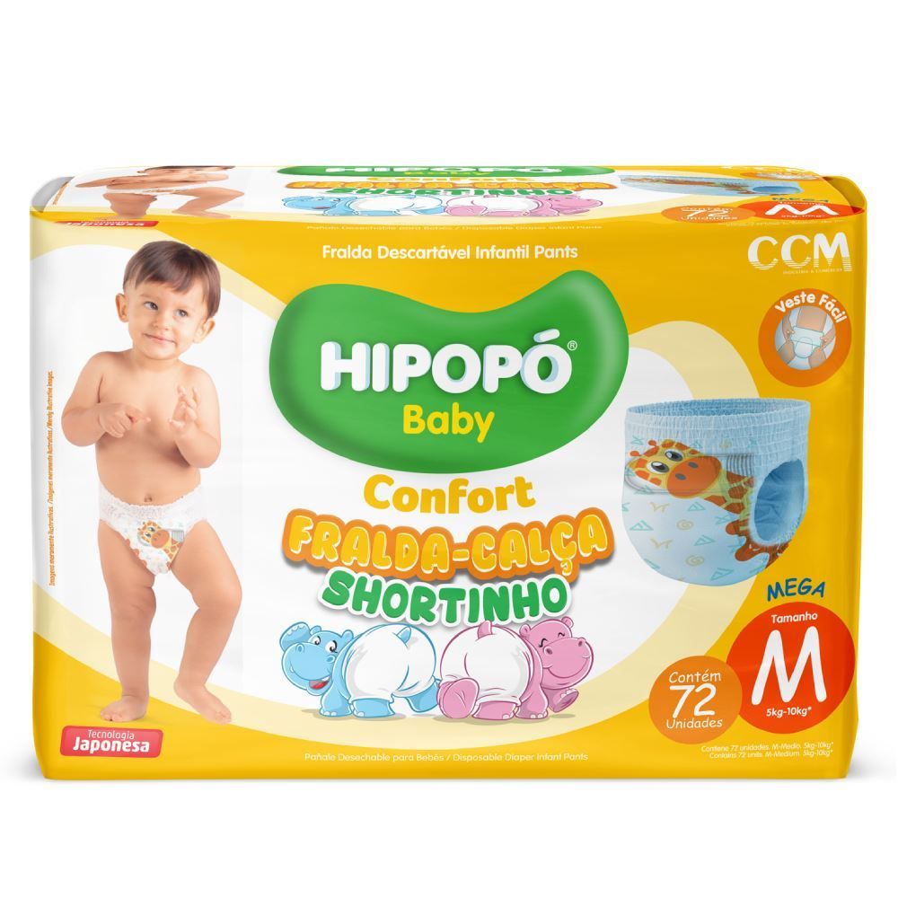 Fraldas Descartáveis Calça Shortinho M Confort Hipopó Baby - 72 unidades
