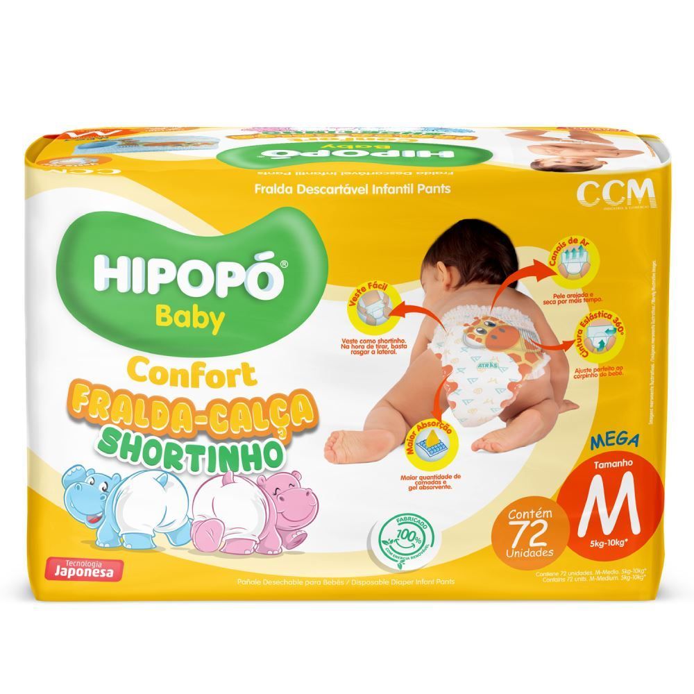 Fraldas Descartáveis Calça Shortinho M Confort Hipopó Baby - 72 unidades