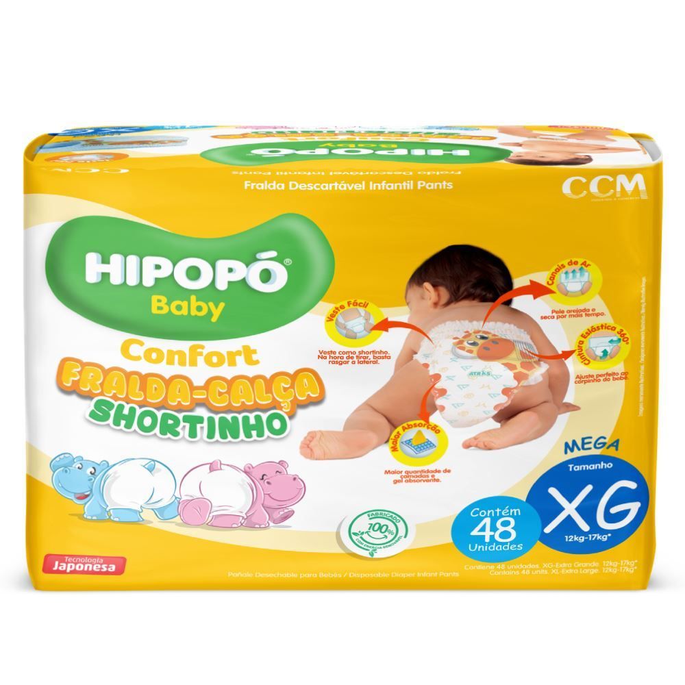 Fraldas Descartáveis Calça Shortinho Xg Confort Hipopó Baby - 48 unidades