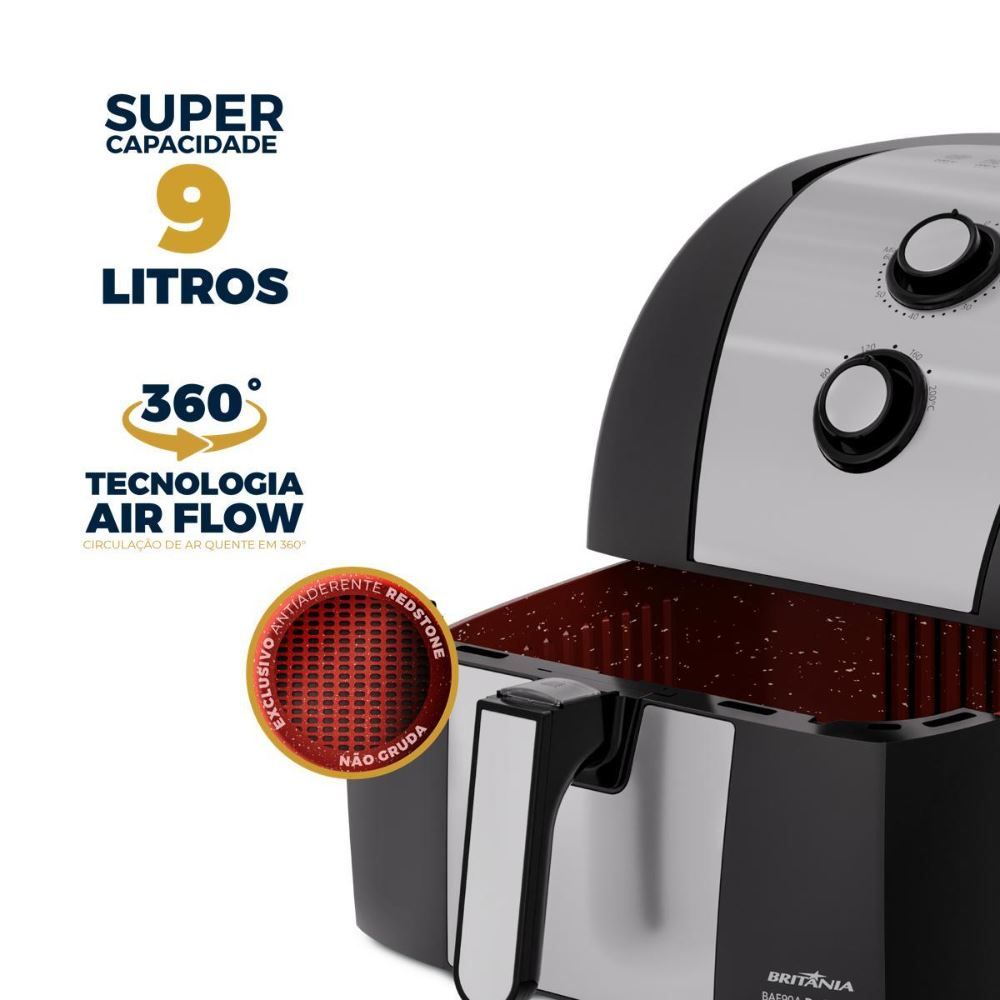 Fritadeira Air Fryer Britânia 9 Litros 2000W Antiaderente Redstone BAF90A