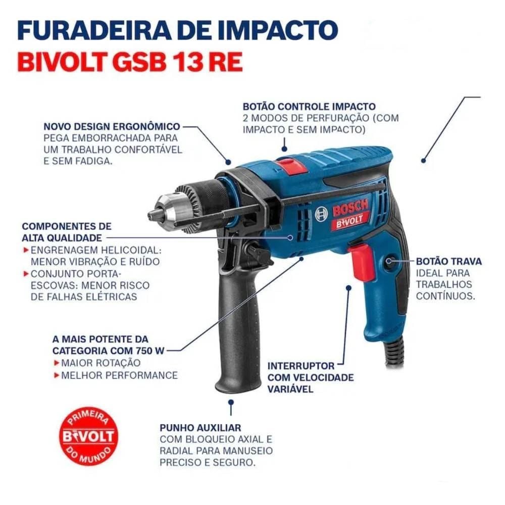 Furadeira De Impacto Bosch Gsb 13 Re 750W - Bivolt