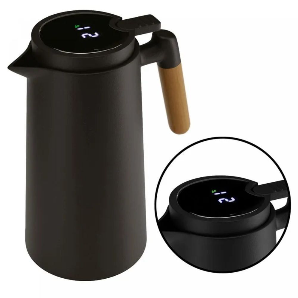 Garrafa Térmica Com Termômetro E Cabo De Madeira Lyor 1 Litro - Preto