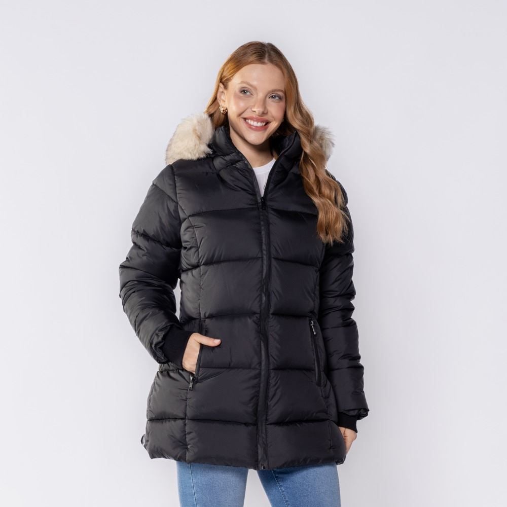 Jaqueta Feminina Alongada Com Pelo No Capuz Patricia Foster