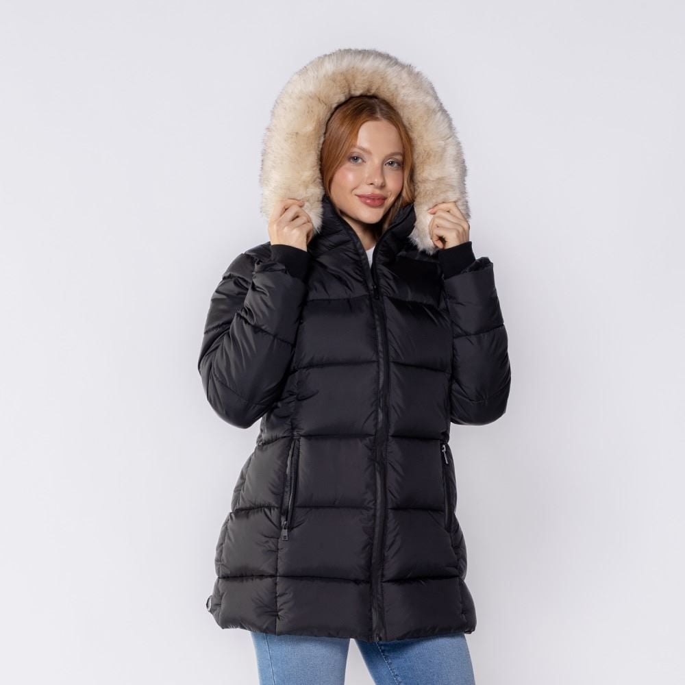 Jaqueta Feminina Alongada Com Pelo No Capuz Patricia Foster