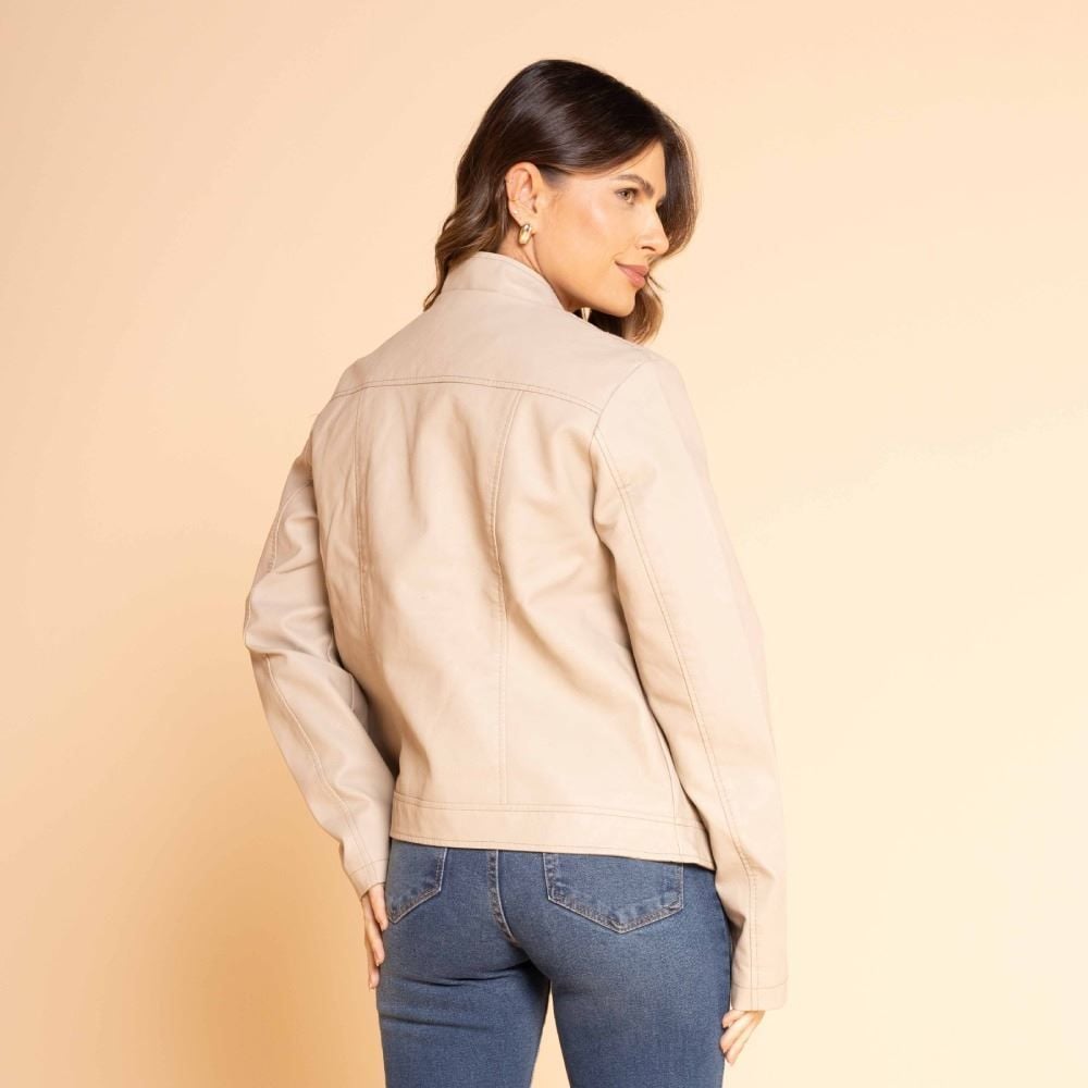 Jaqueta Feminina De Couro Sintético Com Gola Redonda Patricia Foster