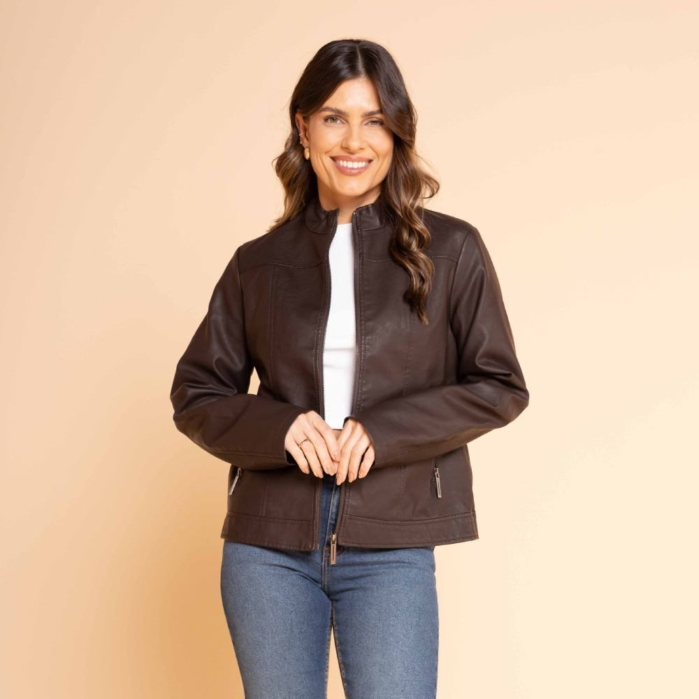 Jaqueta Feminina De Couro Sintético Com Gola Redonda Patricia Foster