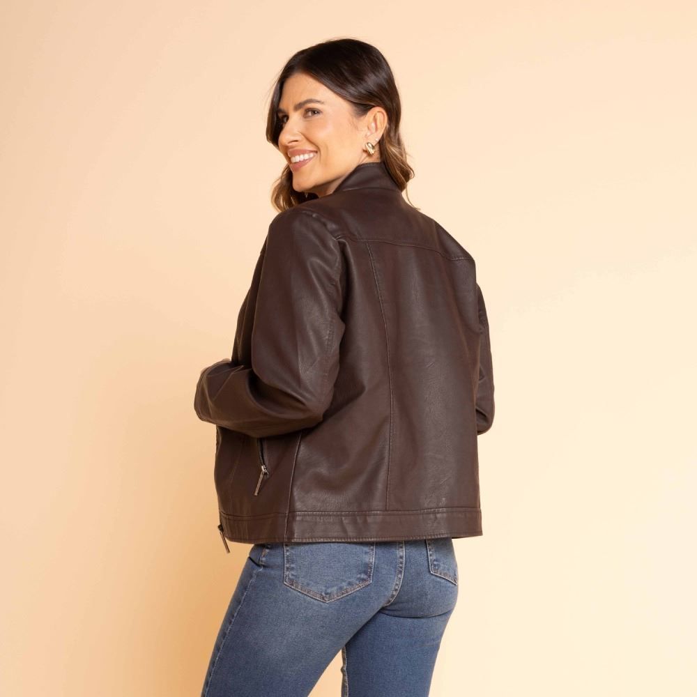 Jaqueta Feminina De Couro Sintético Com Gola Redonda Patricia Foster