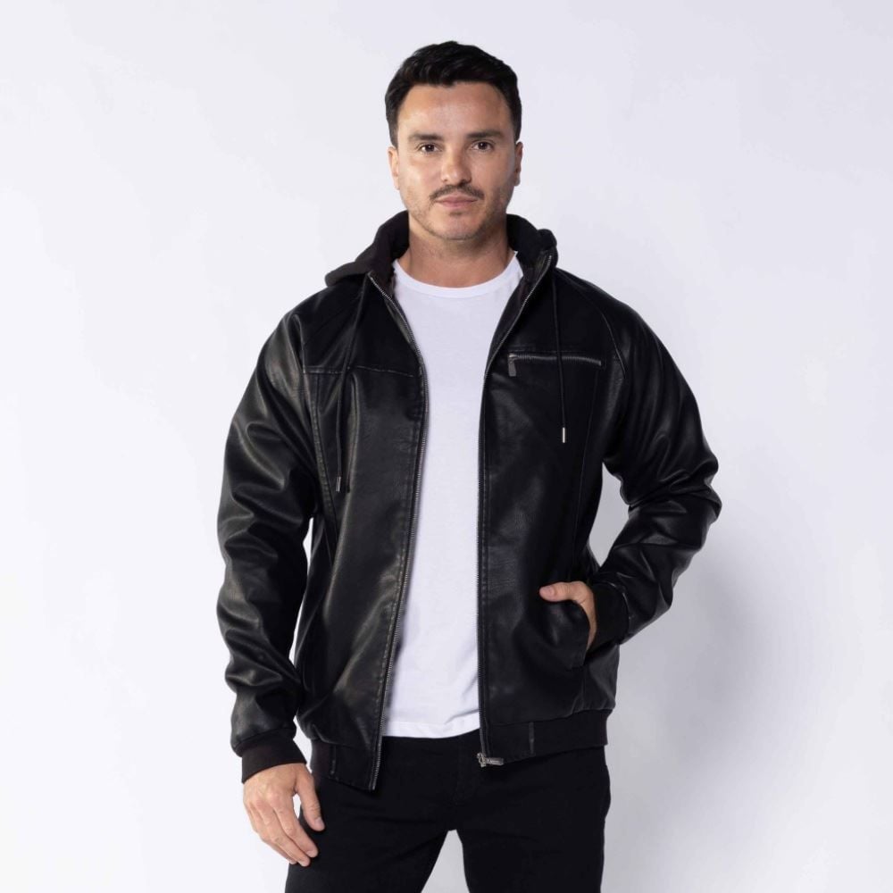 Jaqueta Masculina De Couro Sintético Com Capuz Marc Alain