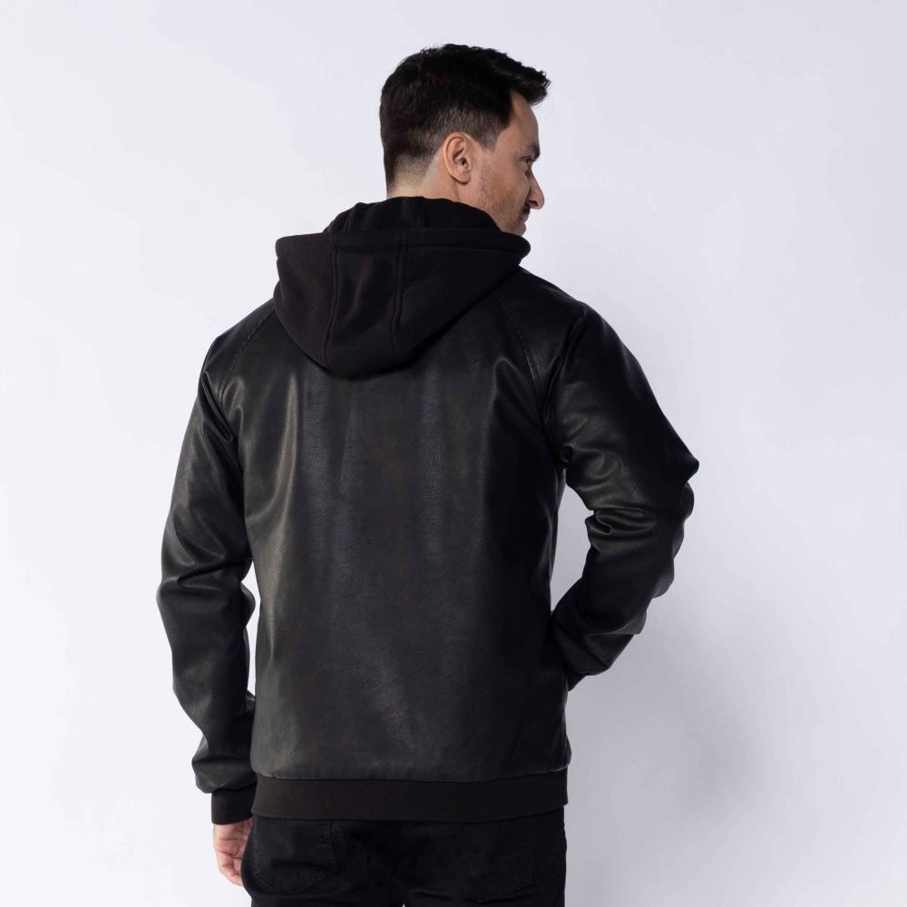 Jaqueta Masculina De Couro Sintético Com Capuz Marc Alain