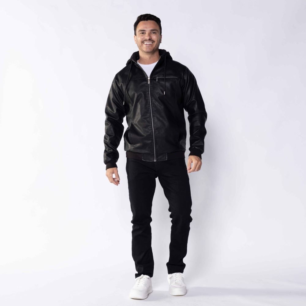 Jaqueta Masculina De Couro Sintético Com Capuz Marc Alain