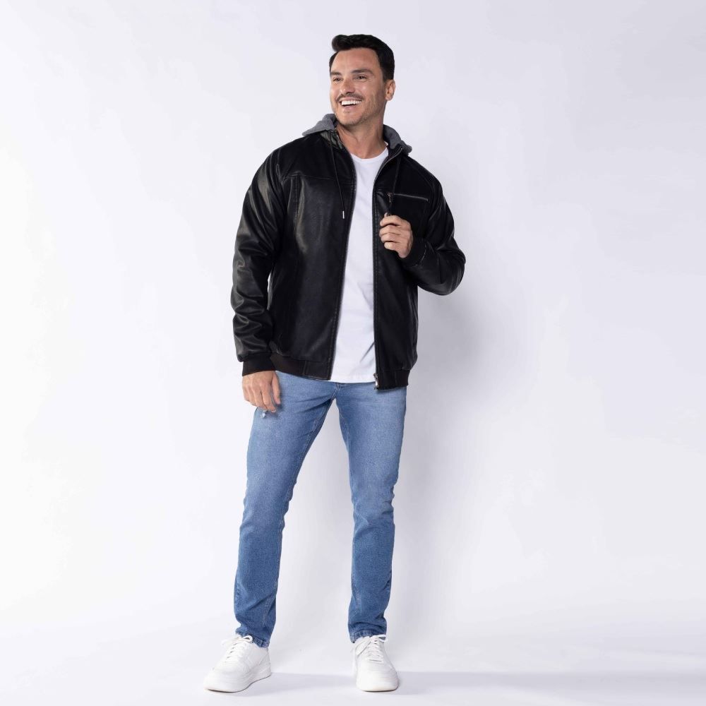Jaqueta Masculina De Couro Sintético Com Capuz Marc Alain