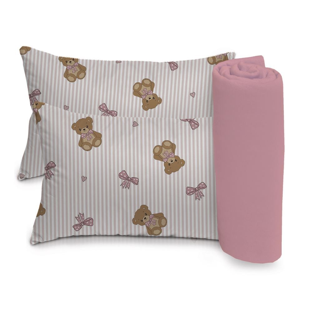 Jogo de Cama Bebê 100% Algodão Havan Baby 3 pçs - URSO ROSA