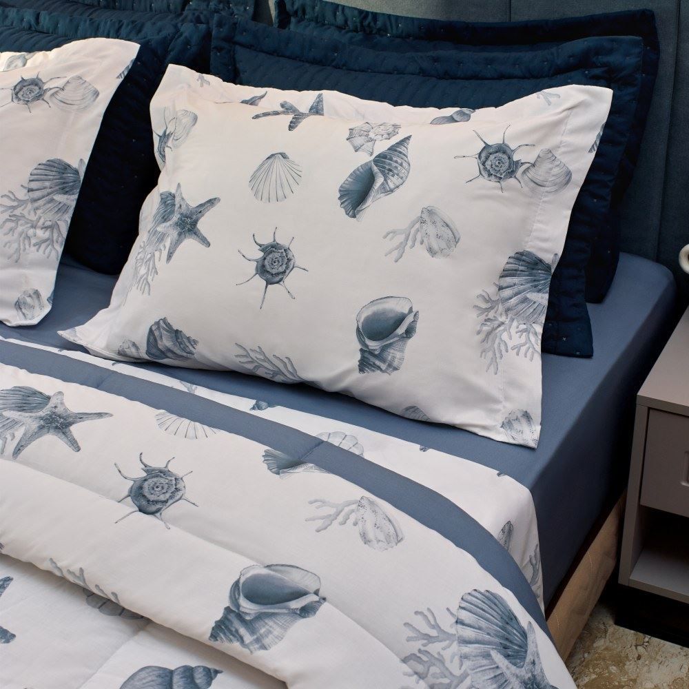 Jogo de Cama Casal Percal Buona Fortuna 4 pçs - Brisa Do Mar Azul