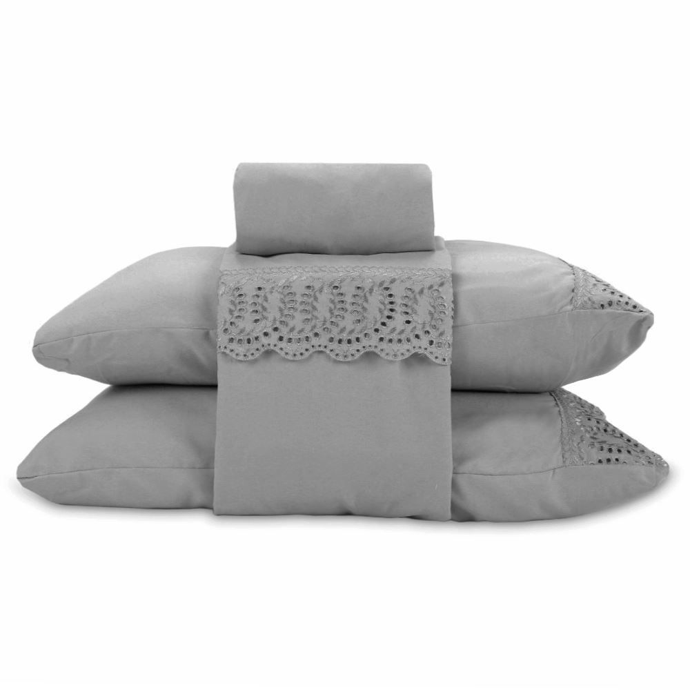 Jogo de Cama Imperial Casal com Renda Havan Casa 4 pçs - Cinza Amianto