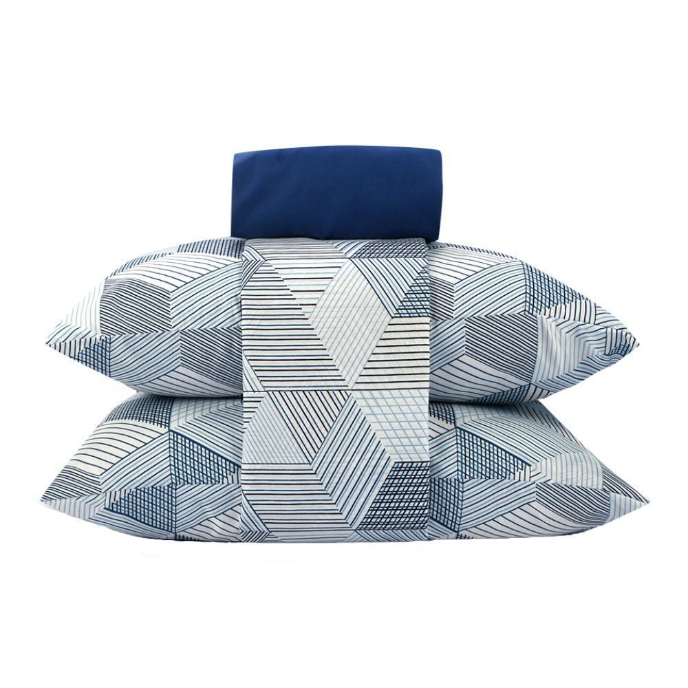 Jogo de Cama Casal Microfibra Napoli Havan Casa 4 pçs - Cubos Geométricos Azul