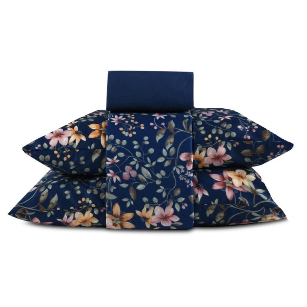 Jogo De Cama Casal Elegance Havan Casa 4 Pçs - Jungle Marinho Flowers