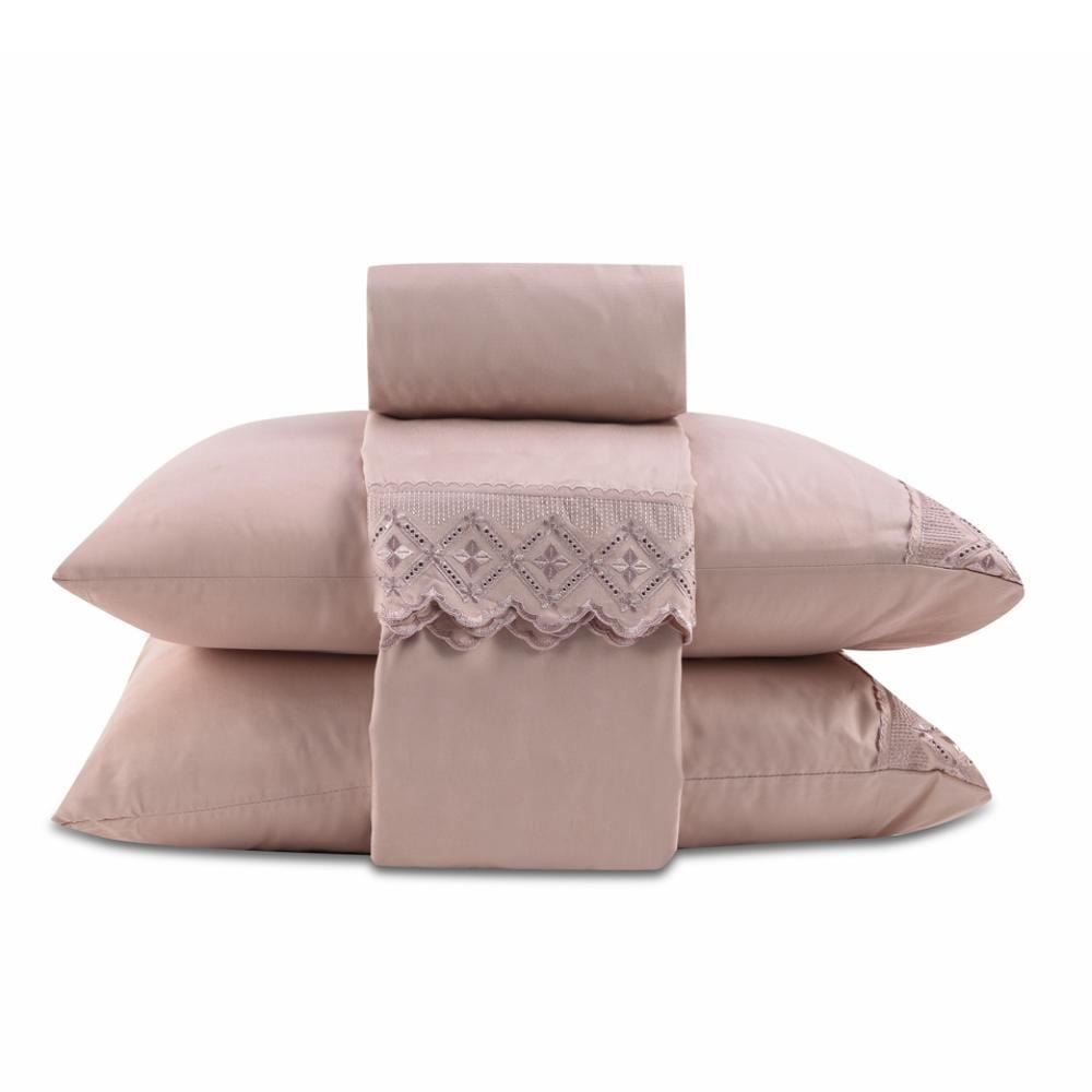 Jogo De Cama Queen 100% Poliéster Com Renda Havan Casa 4 Pçs - Rosa