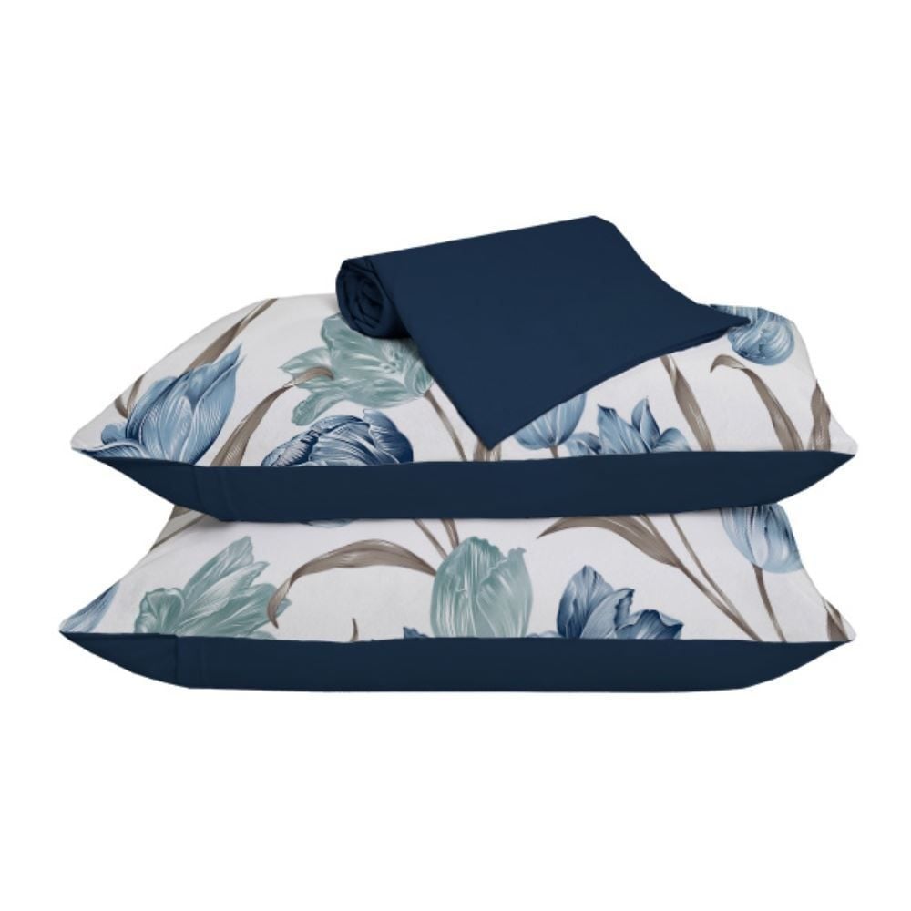 Jogo De Cama Queen Malha 100% Algodão Solecasa 3 Pçs - Tuly Azul Marinho