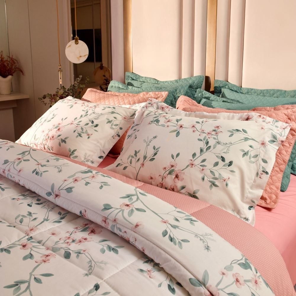 Jogo de Cama Queen Percal Buona Fortuna 4 pçs - Aurora Poa Rosa