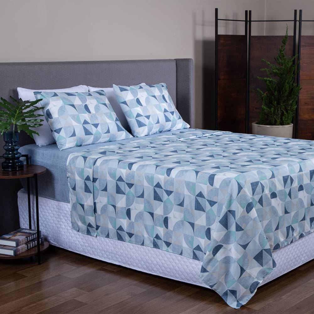 Jogo de Cama Queen Napoli Havan Casa 4 pçs - Renato Geo/Azul médio