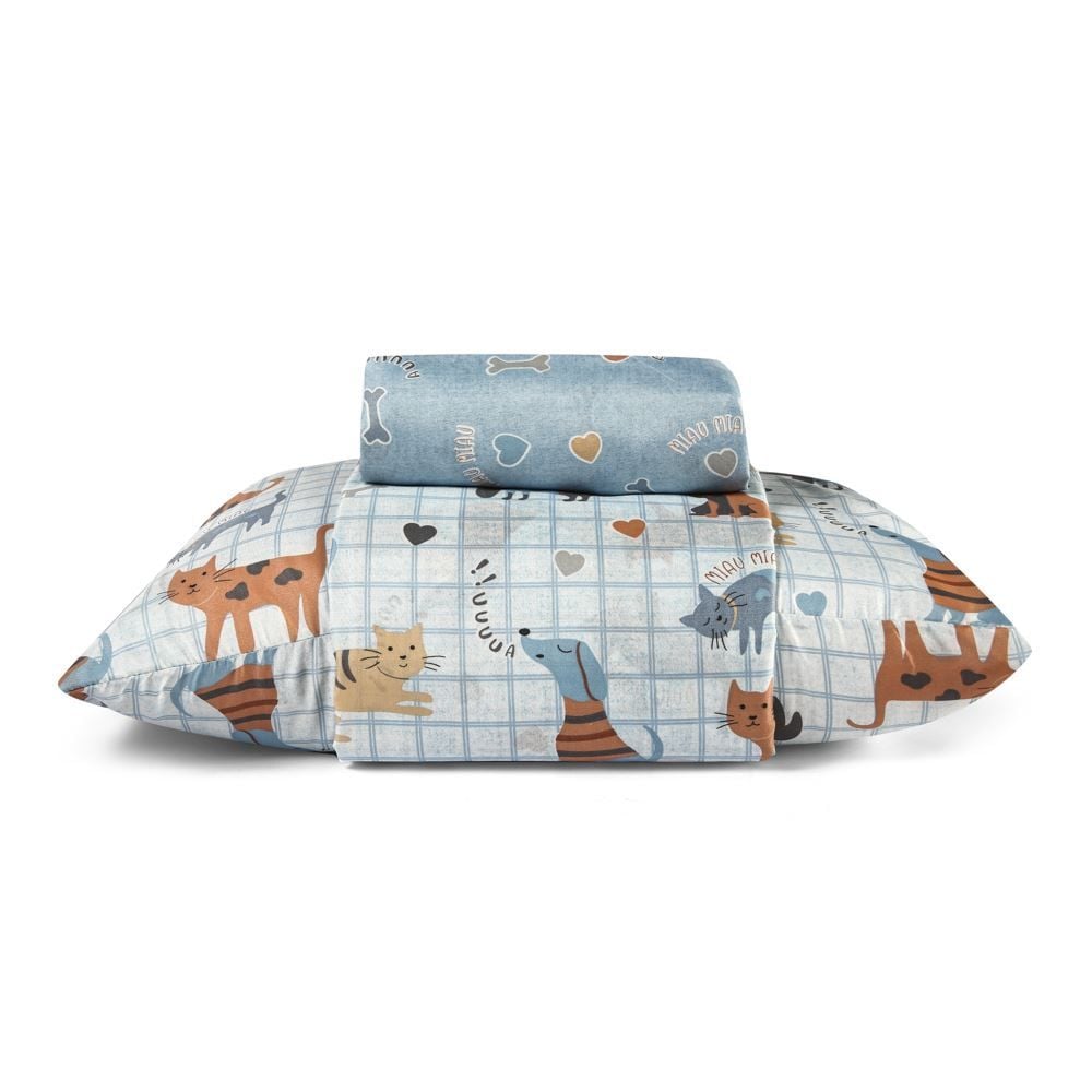  Jogo De Cama Solteiro 150 Fios Havan Kids 3 Pçs - Pets Azul 