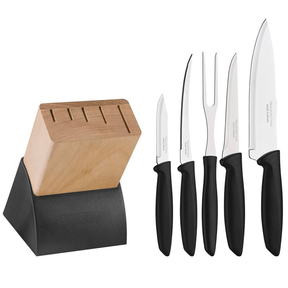 Jogo De Facas Plenus 06 Peças + Suporte Madeira Tramontina - PRETO