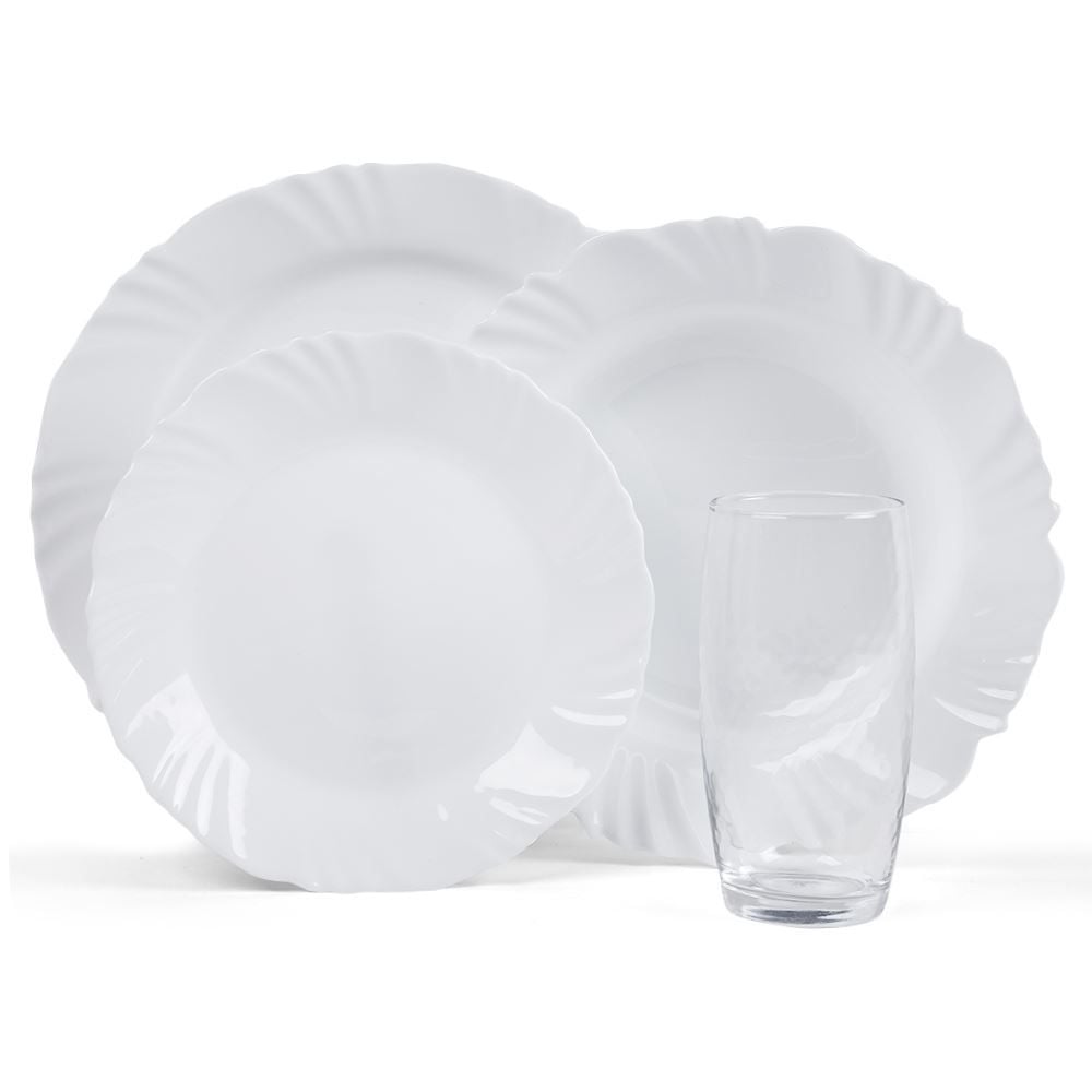 Aparelho De Jantar Opaline Pétala Com Copos Nadir 16 Peças - Branco
