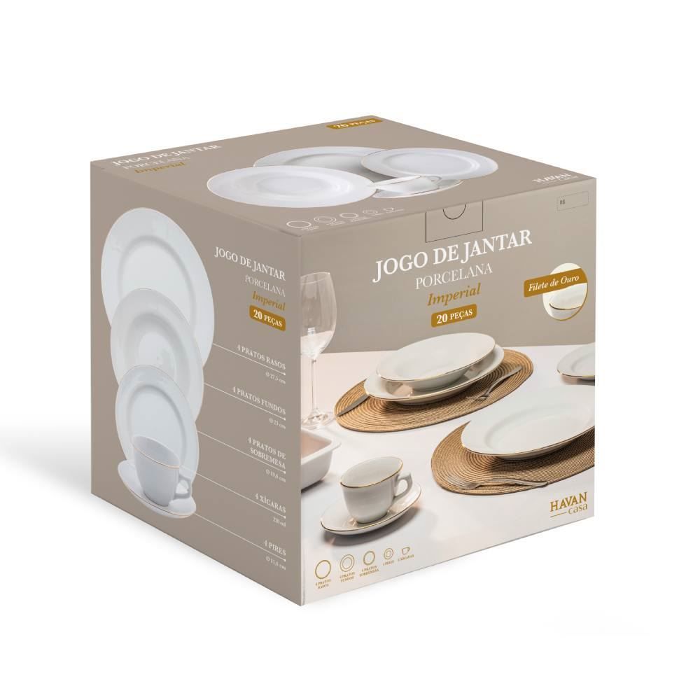 Jogo de Jantar Porcelana com Filete de Ouro Imperial Havan Casa - 20 Peças