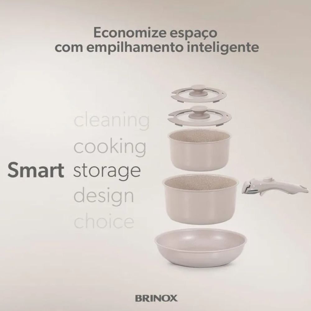 Jogo De Panelas Com Cabo Removível Fit 10 Peças Brinox - Areia