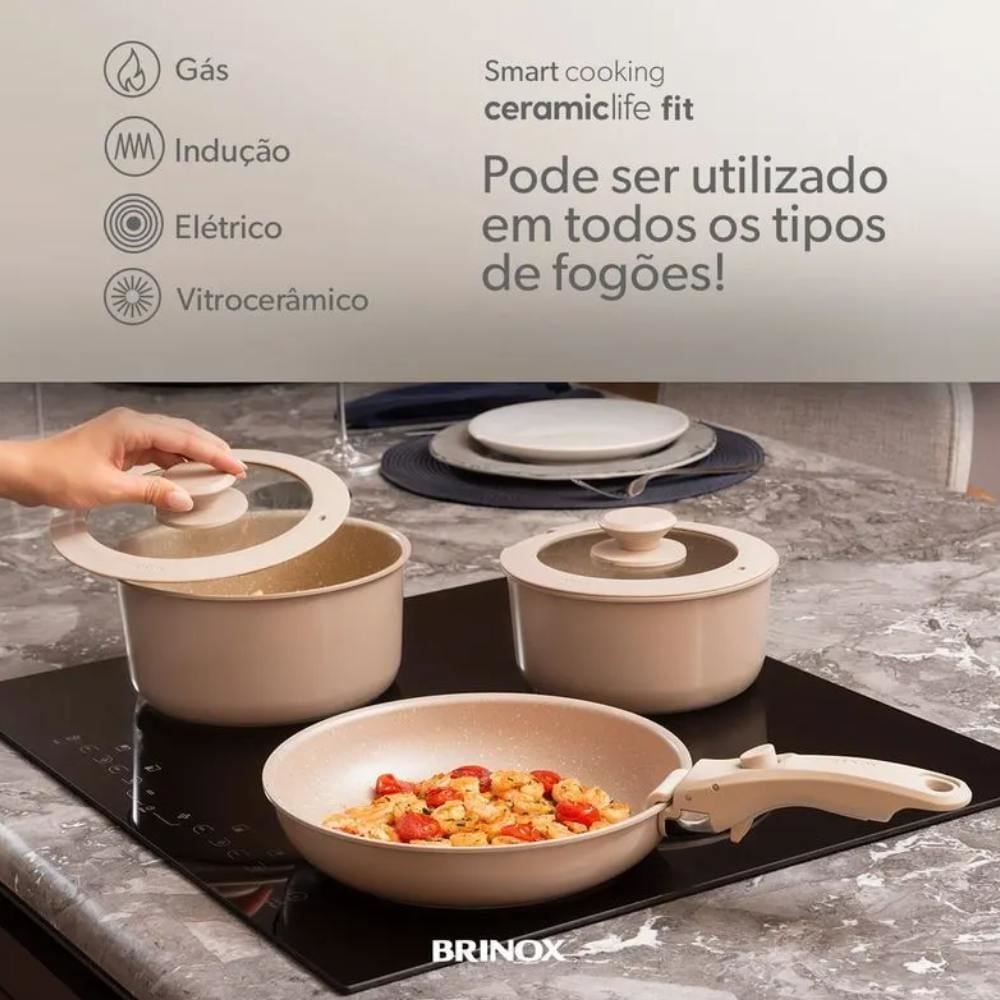 Jogo De Panelas Com Cabo Removível Fit 10 Peças Brinox - Areia