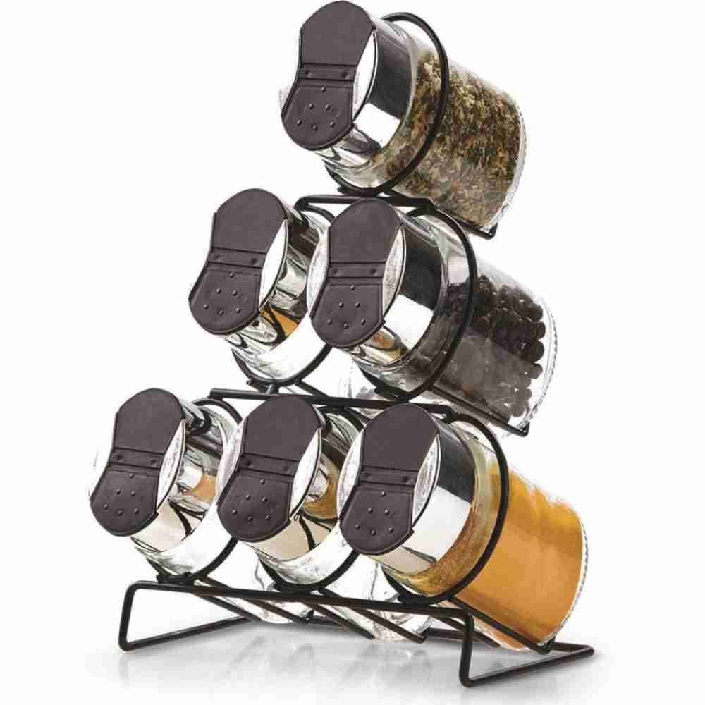 Jogo De Porta Condimentos Com Suporte Havan Casa Pirâmide 6 Peças - Prata e Preto