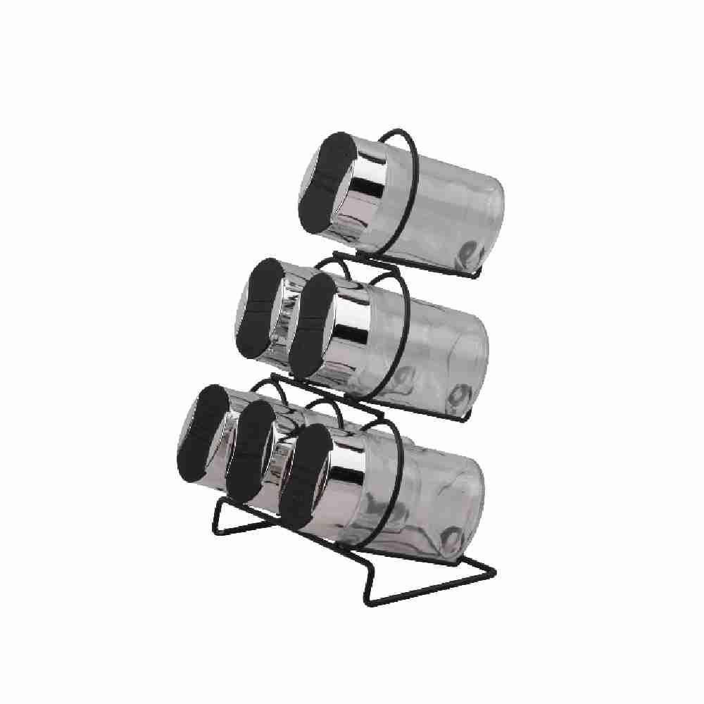 Jogo De Porta Condimentos Com Suporte Havan Casa Pirâmide 6 Peças - Prata e Preto