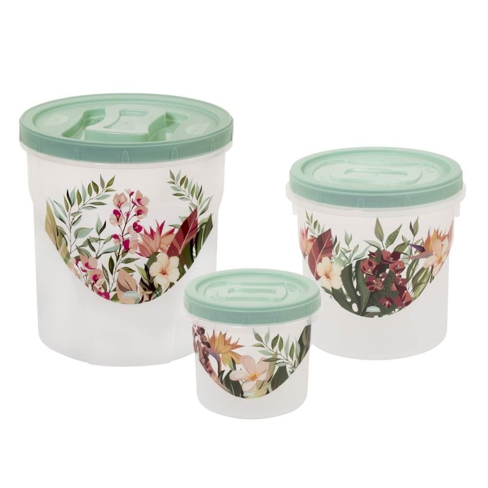 Jogo De Potes De Plástico Rosca Plasútil 3 Peças - Floral