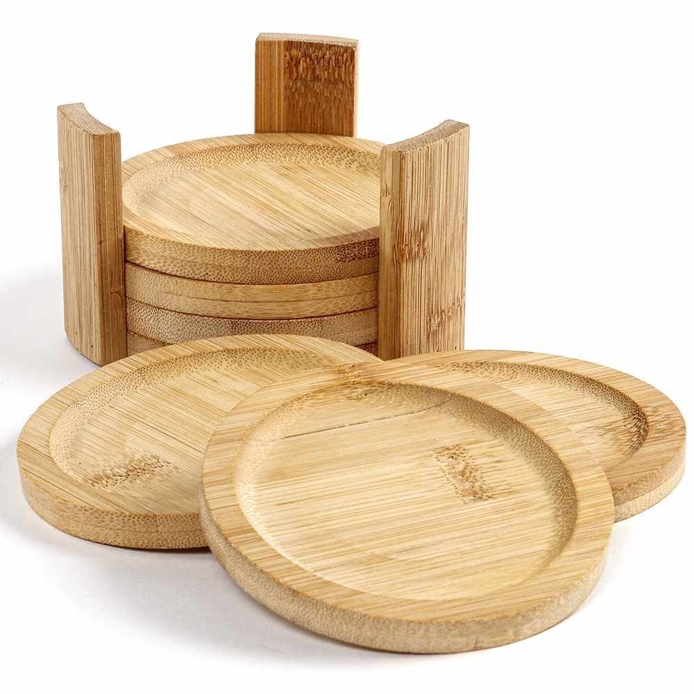 Jogo Descanso De Copos Redondo Com Suporte Ecokitchen Mimo 6 Pçs - Bambu
