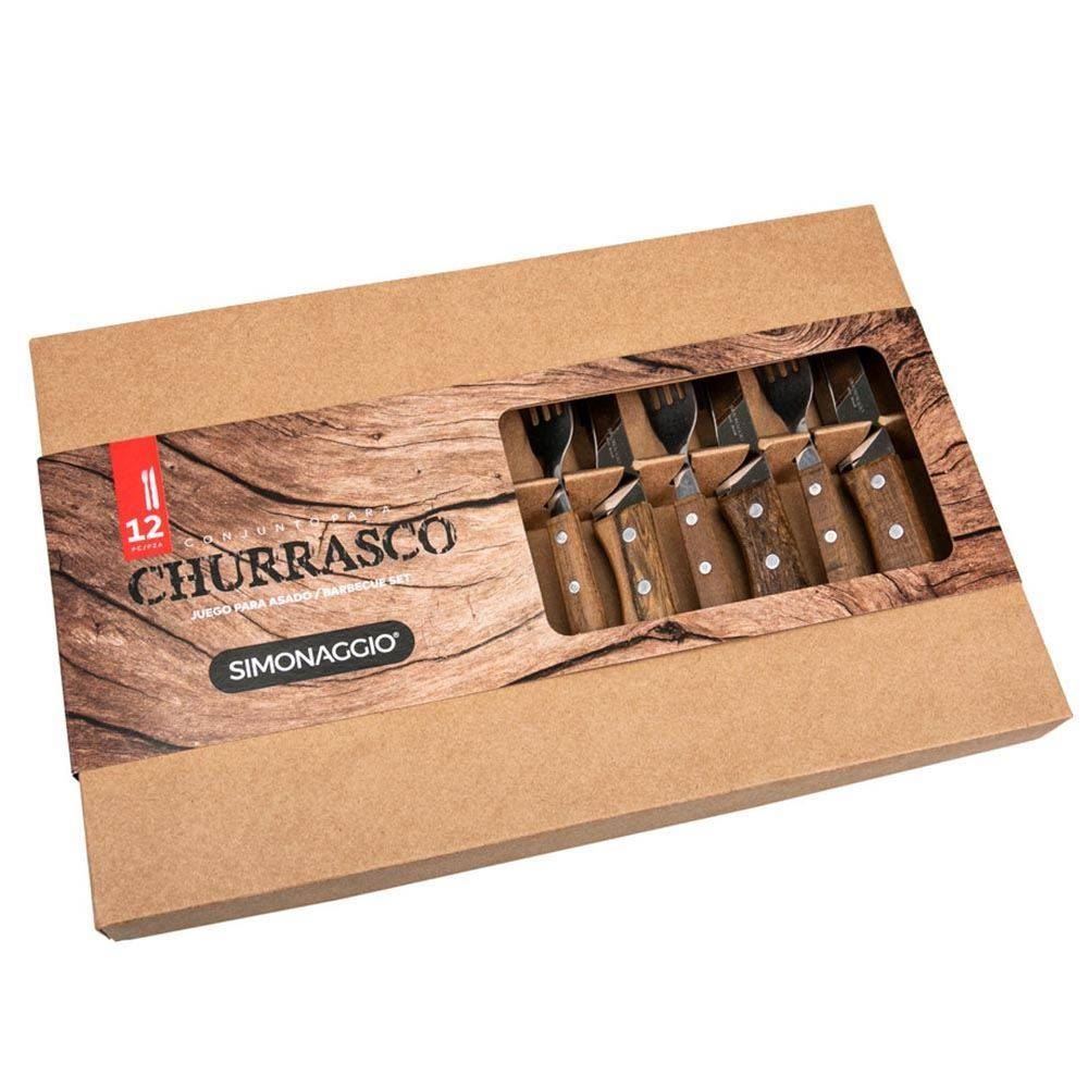 Jogo Talheres Simonaggio Para Churrasco Jumbo Inox 12 Peças - Madeira