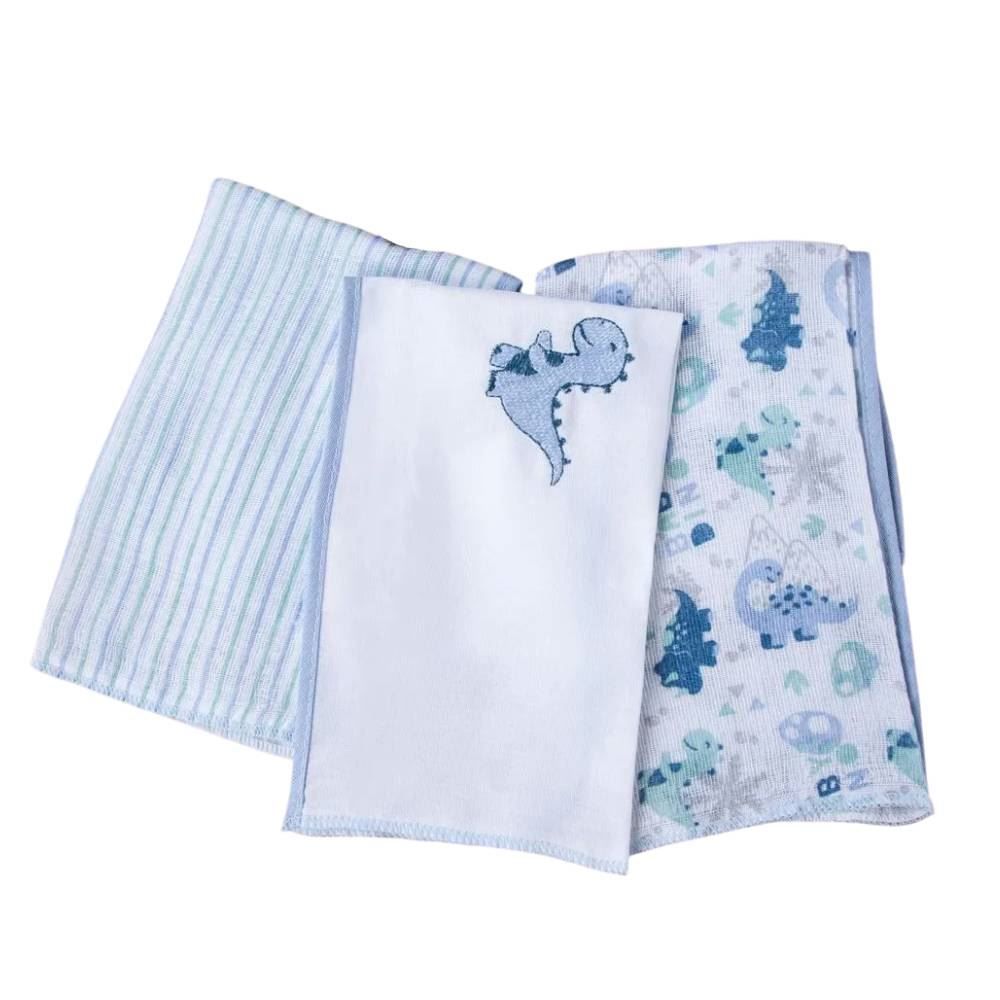 Kit 3 Panos De Boca 32 X 32 Cm 100% Algodão Havan Baby - Dino Azul