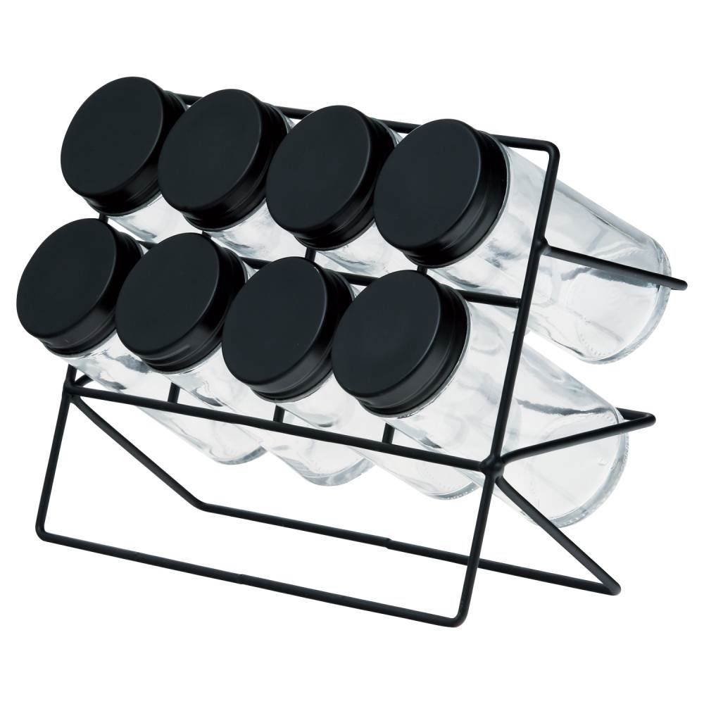 Kit 8 Porta Condimentos De Vidro C/ Suporte Lyor - Preto
