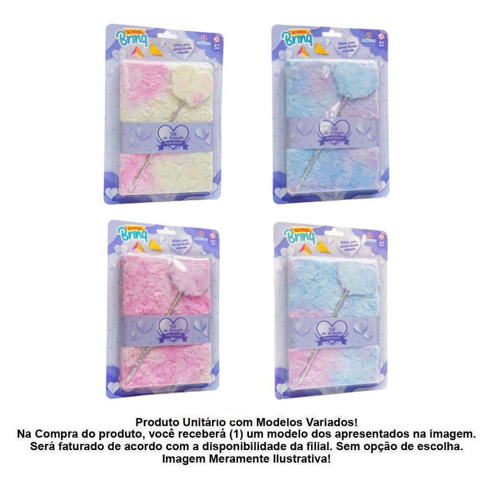 Kit Caderno Pelúcia + Caneta Coração 80 Folhas School Brinq - Sortido