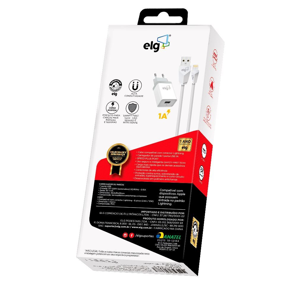 Kit Carregador Parede Universal Lightning 1M Elg Recarga Sincronização