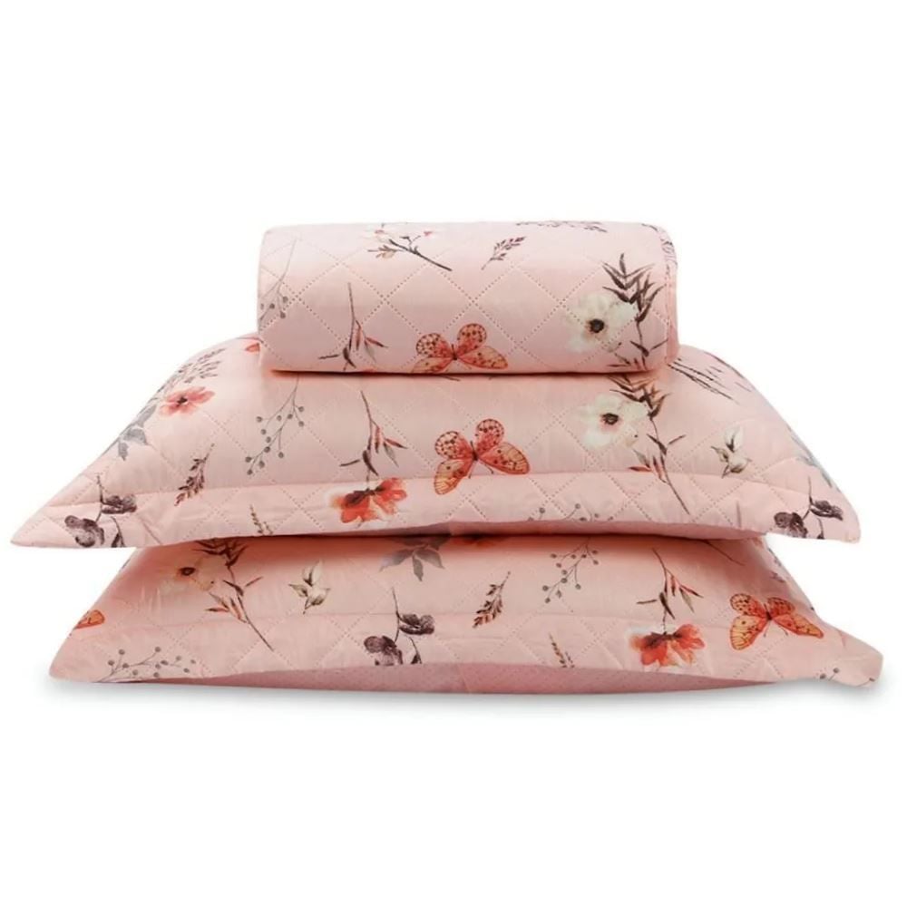 Kit Colcha Casal Estampada Versalhes Havan Casa 3 Peças - Floral Borboleta Rose