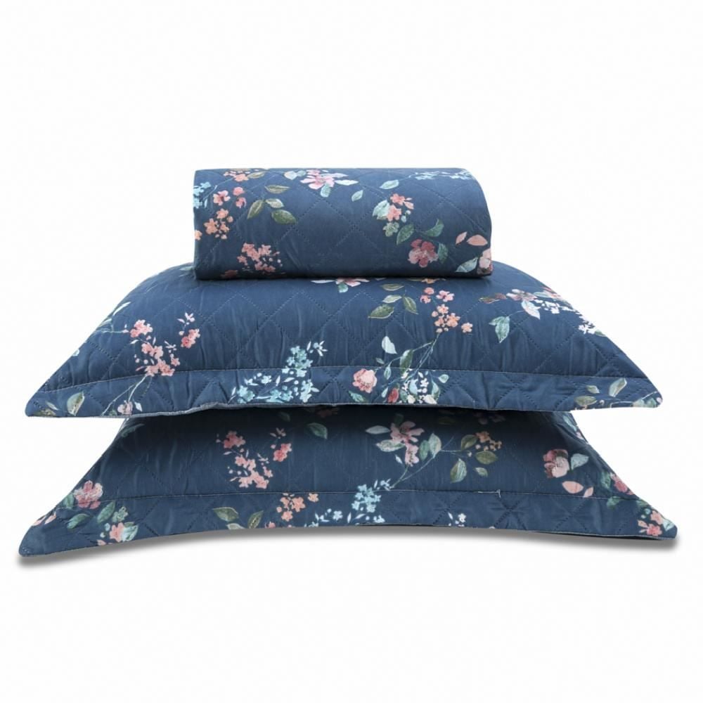 Kit Colcha Casal Estampada Versalhes 3 Peças Havan Casa - Ravena Azul Floral