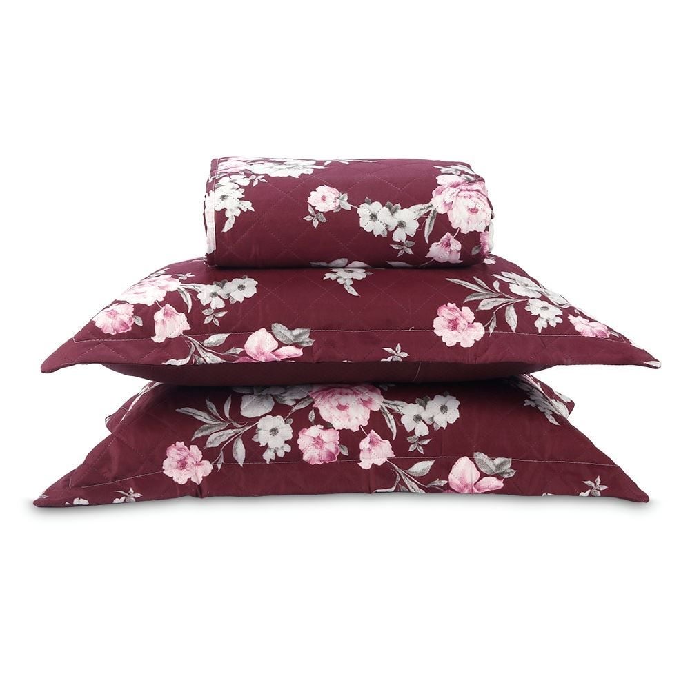 Kit Colcha Queen Estampada Versalhes Havan Casa 3 pçs - Floral Vinho