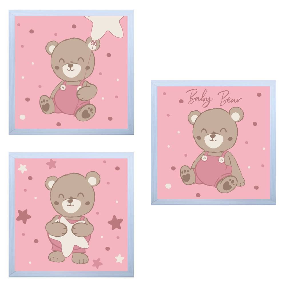 Kit De Quadros Decor Baby 3 Peças - Teddy Rosa