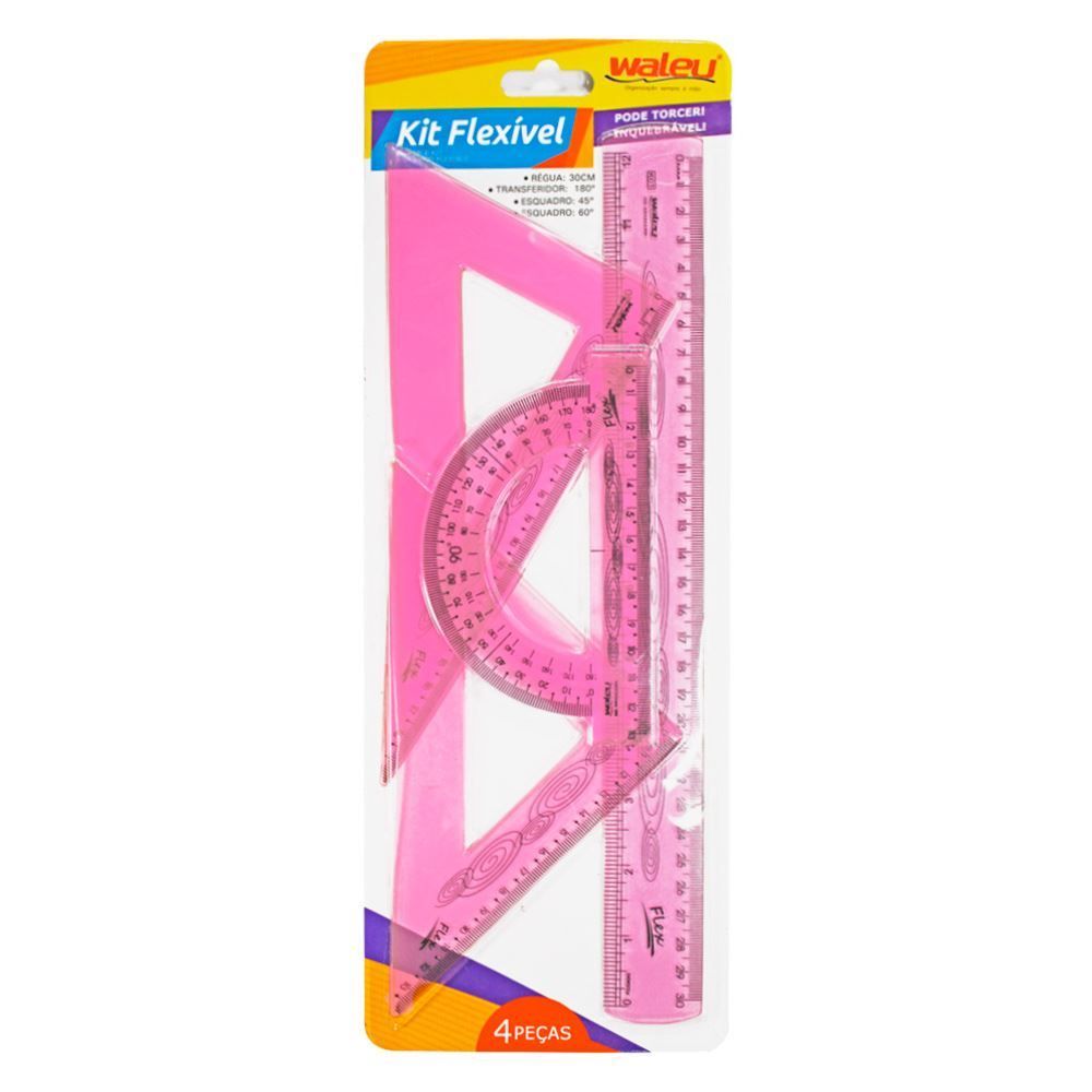 Kit De Régua Flex Rosa 4 Peças Waleu - 10130013
