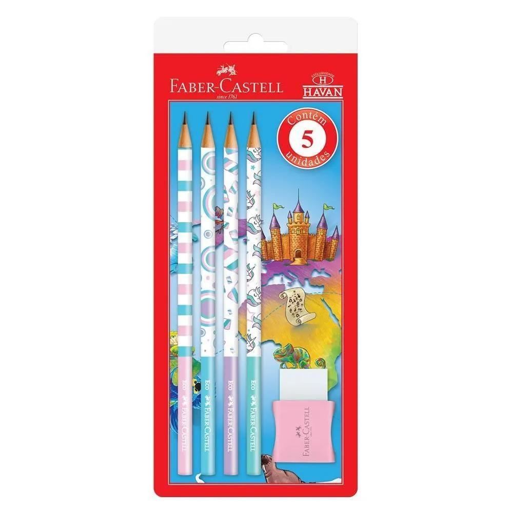 Kit Escolar Básico 4 Lápis E 1 Borracha Faber Castell - Tons Pastel