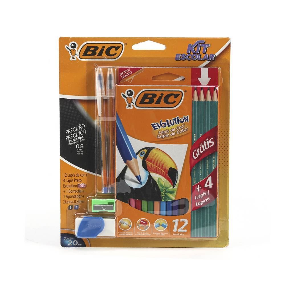 Kit Escolar Bic Com Canetas + Lápis Preto + Lápis De Cor + Apontador + Borracha - 20 Peças