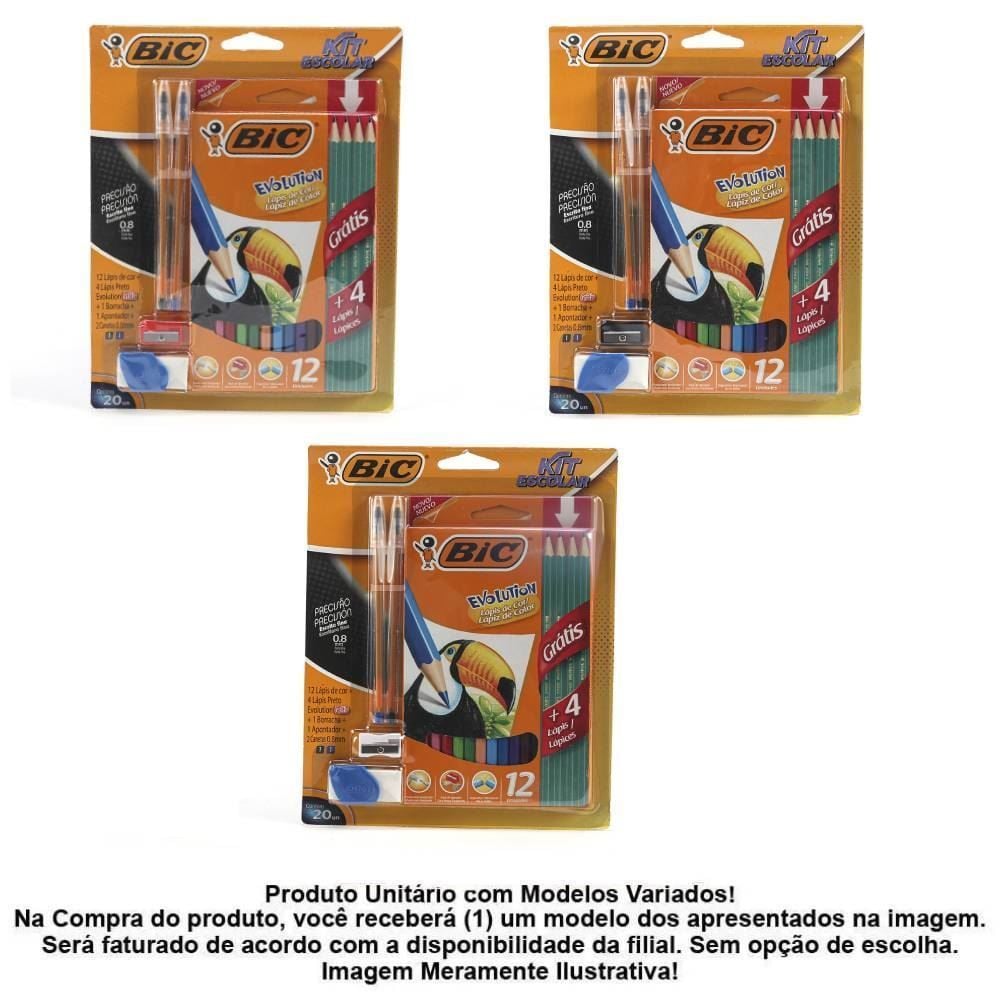 Kit Escolar Bic Com Canetas + Lápis Preto + Lápis De Cor + Apontador + Borracha - 20 Peças