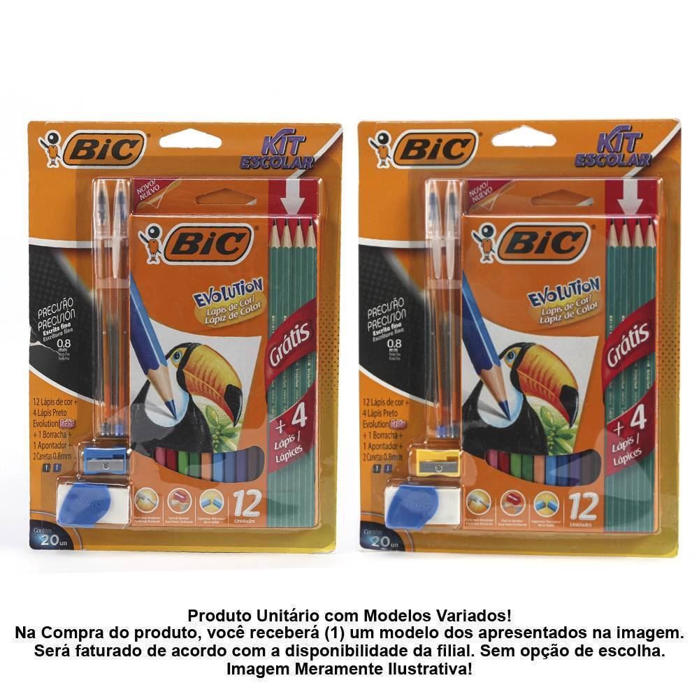 Kit Escolar Bic Com Canetas + Lápis Preto + Lápis De Cor + Apontador + Borracha - 20 Peças